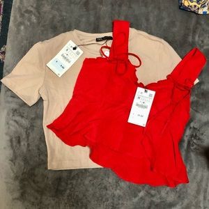 Lot of 2 Zara shirts both NWT. Beige cropped tee (S) and red sleeveless blouse M
